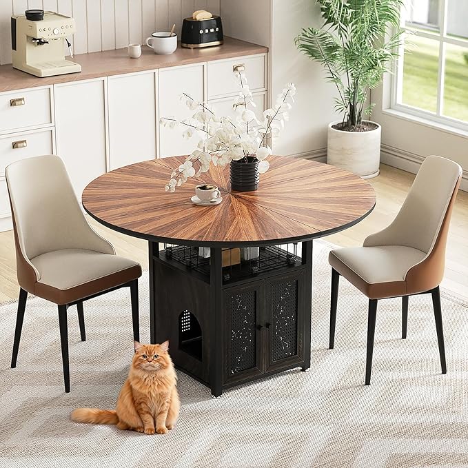 47" Round Dining Table Set for 4-6 People, Large Farmhouse Kitchen Dining Table Set with Chairs and Storage Rack, Metal Base Round Table for Home Dining Room Living Room (Cat table and 2 brown chairs)