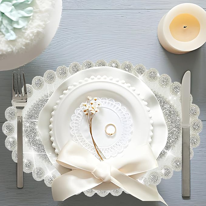 Sparkling Silver Diamond Placemats Bling Oval Place Mat Heat Elegant Table Decor for Weddings, Holidays, and Special Events (15x9 Inch)-12 PCS