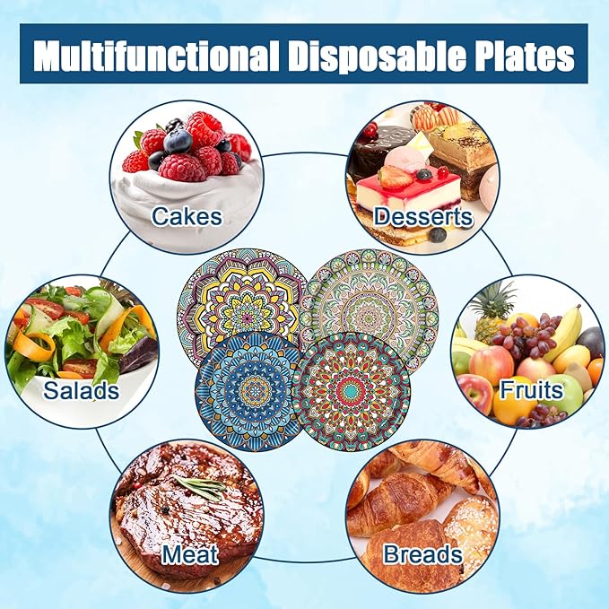 100PCS Boho Paper Plates 7Inch & 9Inch, Vintage Bohemian Disposable Dinnerware Plates for Birthday Gatherings Holiday Favor Baby Shower Party Supplies,50 Guests(Blue,Green,Red,Pink)