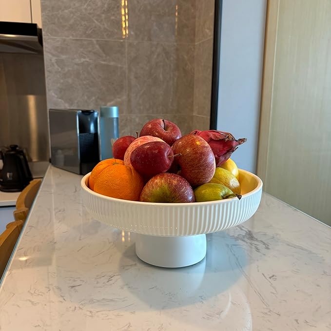 Ceramic Fruit Bowl,11" Decorative Bowl, Large Fruit Bowl for Kitchen Counter, Pedestal Bowl, Kitchen Counter Décor, Bread Candy Snacks Organizer, White (5.3 lbs, 68oz)