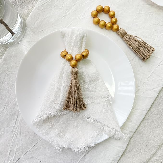 Napkin Rings Set of 12,Wooden Napkin Rings,Wood Bead Elastic Farmhouse Napkin Ring with Tassel,Boho Napkin Holder for Table Decor,Weeding,Dinner,Party(Gold)