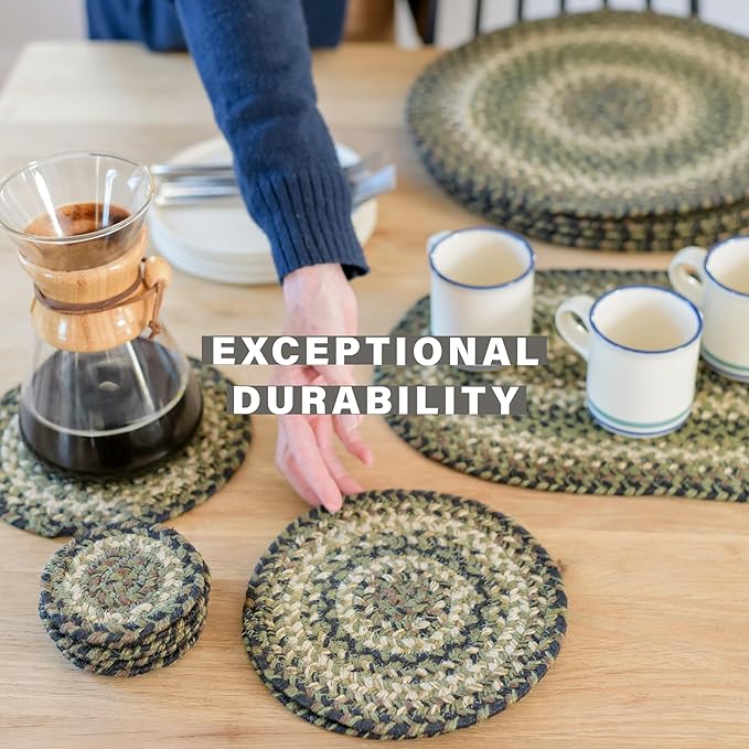 Homespice Pinecone Jute Braided Kitchen Trivets for Hot Dishes, Warm Country Rustic Decor, Set of 6, Green 8" Round Heat Resistant Mat - Rich Colors, Easy to Clean, Durable and Protects Furniture