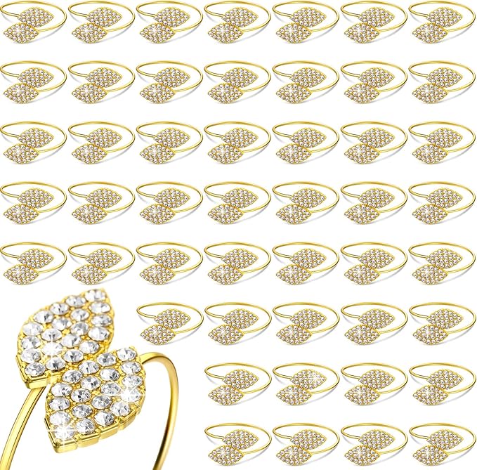 Hotop 36 Pcs Valentine's Day Napkin Rings Gold Table Decorations, Elegant Bling Leaves Napkin Rings, Rhinestone Guest Towels Buckle for Holiday Gather Party, Wedding Dinner Banquet Table Decoration