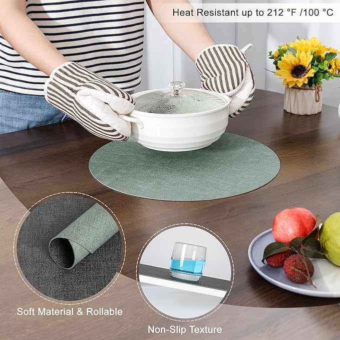 Myir JUN Round Placemats Dual Sided, Faux Leather Place Mats Set of 4 Indoor for Dining Table Outdoor Non-Slip Washable Table Mats (Set of 4, Gray Sage Green)