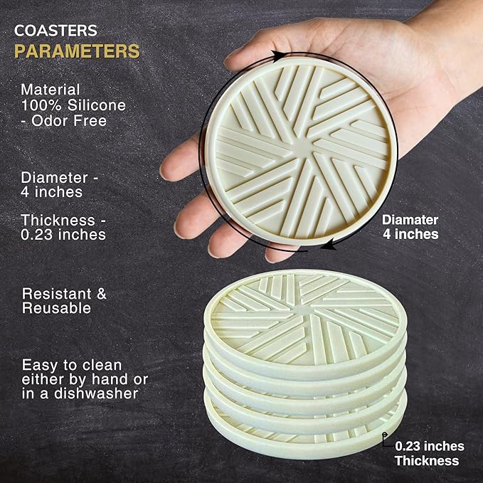 Silicone Coasters for Drinks, Set of 6 with Gold Holder and Modern Smart Pattern, Protection for Coffee Table, Living Room, Kitchen, Office, bar Decor