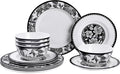 Melamine Dinnerware Sets 12pcs-Melamine Plates and Bowls Set Black Flower Lily Pattern Indoor Outdoor Use Unbreakable Dishwasher Safe