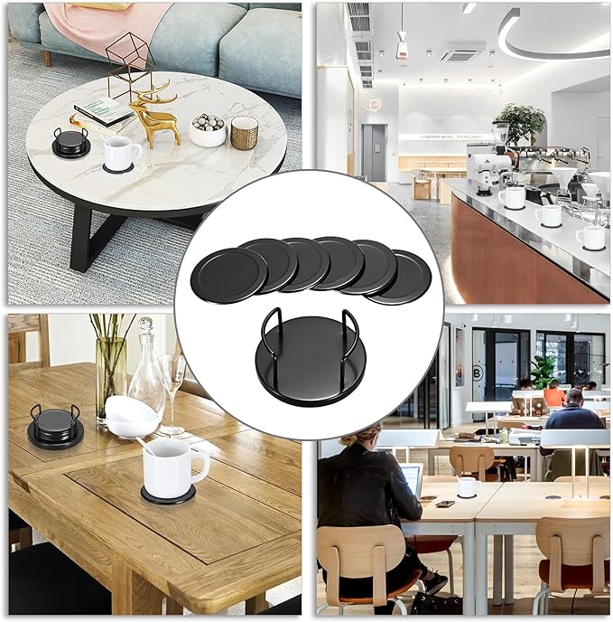 JUXYES Set of 6 Stainless Steel Round Coasters with Holder & Sponge Bottom, Black Metal Cup Coasters Set Stunning Cool Coaster Cups Mats Decor for Restaurant Kitchen bar Dining Table