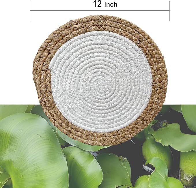 ANDSTAR Round Woven Placemats Set of 4, 12"x12", Natural Wicker Placemats, Water Hyacinth Straw Braided Placemats,Boho Place Mats for Farmhouse, Rustic Table (Water Hyacinth + White Cotton Rope)
