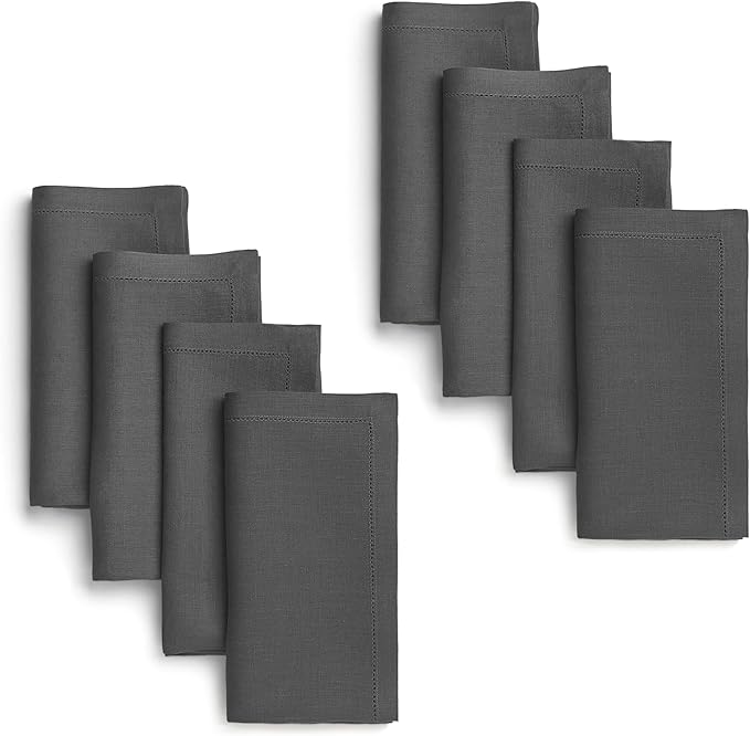 D'Moksha Homes Charcoal Grey Linen Napkins Set of 8 - Classic Hemstitch 100% Pure Linen Hemstitch Dinner Napkins 20 x 20 Inch for Spring, Easter - Handcrafted and Machine Washable