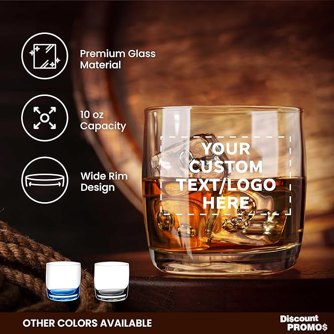 DISCOUNT PROMOS Custom Whiskey Glasses 10 oz Set of 10/50/100, Personalized Bulk Pack - Heavy Base Old Fashioned Glass, Perfect for Scotch, Bourbon, Whiskey, Cocktail - Clear Bottom Color