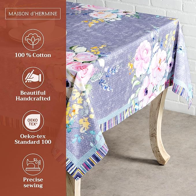 Maison d' Hermine Table Cloth Rectangle Table 100% Cotton 60 x 90 Inches Tablecloth Reusable Decorative for Dining Room Farmhouse Valentines Day Decorations Spring Summer - Sweet Rose Lavender - Lush