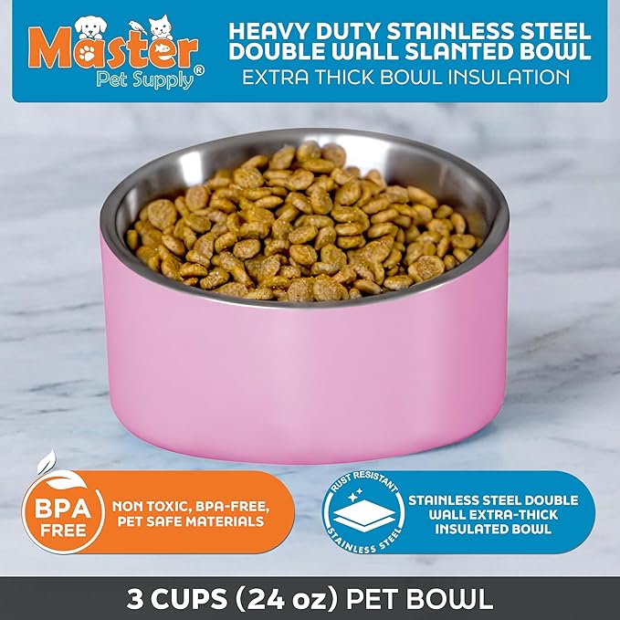 Master Pet Supply Stainless Steel Slanted Dog Cat Food Bowl - 24 oz Heavy Duty - Hyper Pink, Double Wall Insulated, Non-Slip Elevated Bowl for French Bulldogs Pugs Cats, Anti Rust Dishwasher Safe