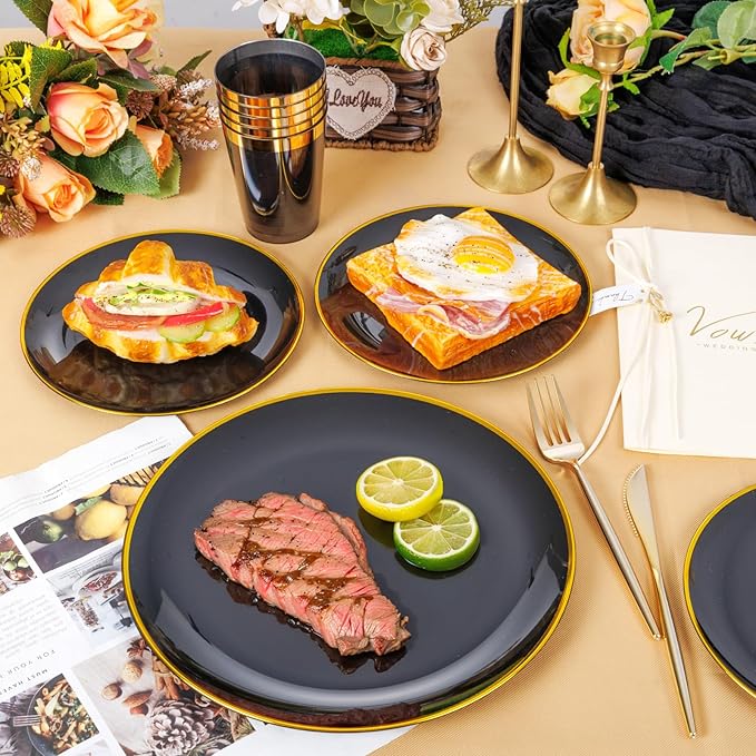EI 180pcs Black Plastic Plates Black and Gold Disposable Plates Gold Plastic Dinnerware Set Silverware and Cups for Birthday,Wedding,Festival,Party Graduation,Spring Afternoon Tea Business Event