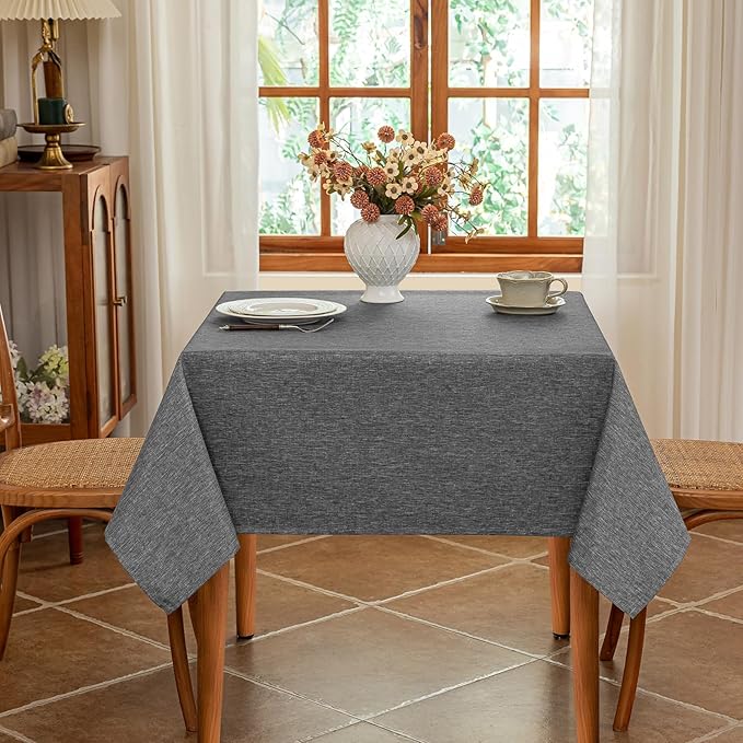 Faux Linen Fabric 52 x 52 Inch Square Grey Tablecloth Textured Water Resistant & Washable Card Table Cloth Anti-Scratch for Dining Kitchen Patio