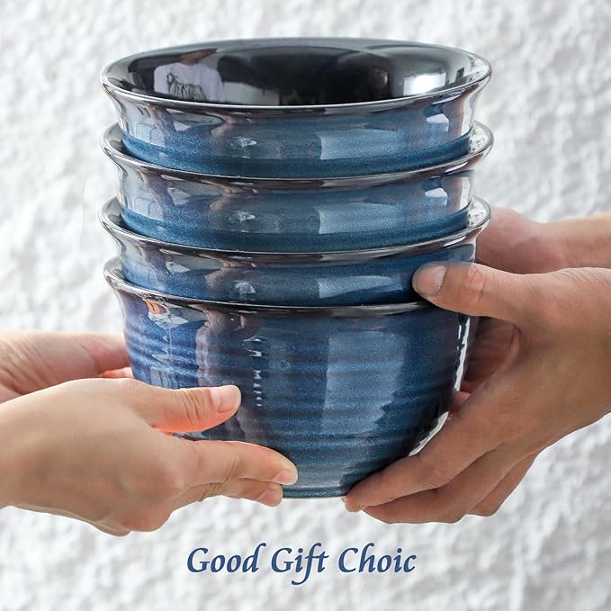 MEKY Soup Bowls Set of 4,40 OZ Large Ceramic Cereal Bowls, 7 Inch Deep Serving Bowls for Ramen, Pho, Salad, Pasta, noodles, Decor and Housewarming Gift, Dishwasher & Microwave Safe, Blue