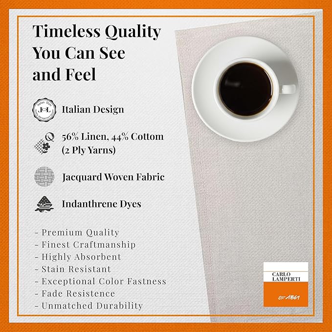 Premium European Cloth Table Linen Placemats - 56% Cotton 44% Linen Fabric, Jacquard Woven Design - For All Occasions or Daily Use - Machine Washable - Carlo Lamperti Italy - White, 20"x14" (Set of 4)