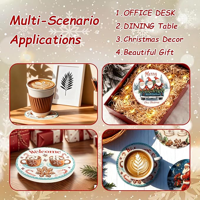 Christmas Drink Coasters Set of 6 with Black Holder and Cork Base, Absorbent Ceramic Coasters Round Decorative Coffee Table Decor for House Warming Gifts New Home