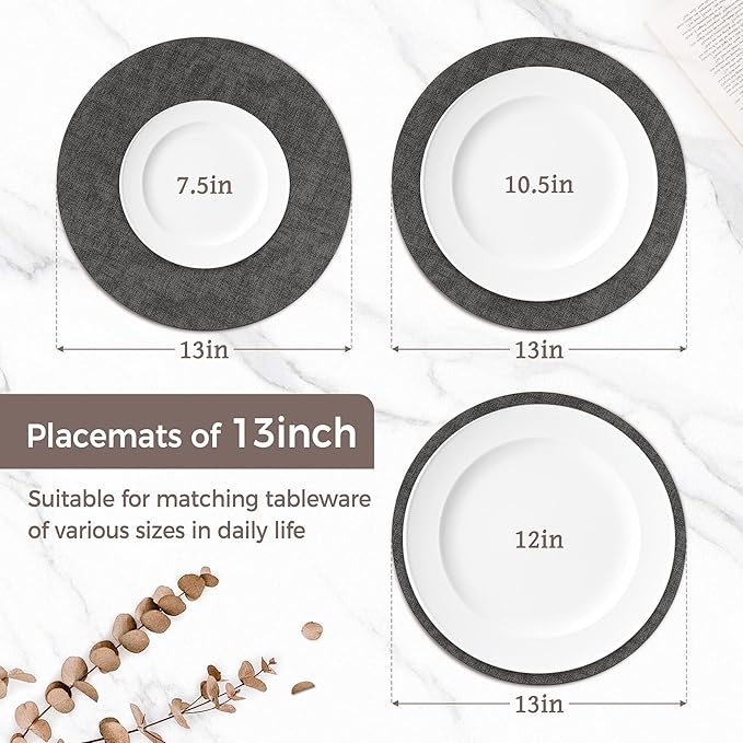 13" Round Placemats Set of 12, Reversible Faux Leather Heat Resistant Table Mats, 100% Waterproof Oilproof Wipeable Table Protective Placemats for Vinyl, Washable for Indoor (12, Deep Gray)