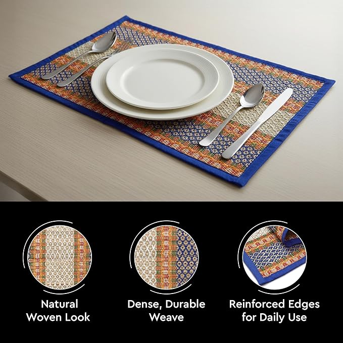 Encasa XO Woven Blue Placemats Set of 4 – 12" x 17" | Handwoven Madurkathi Grass Table mats for Dining Table, Kitchen & Outdoor Decor | Durable & Heat‑Resistant