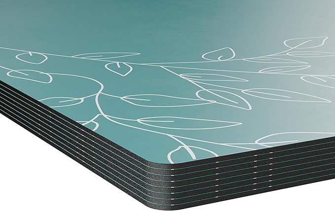 Royalty Art Deep Sea Green Boho Placemats, 4 Pc. Set, Non-Slip Cork Backed, Wipeable Heat Resistant Surface for Kitchen and Dining Table Protection, Cute Floral Pattern for Farmhouse or Rustic Decor