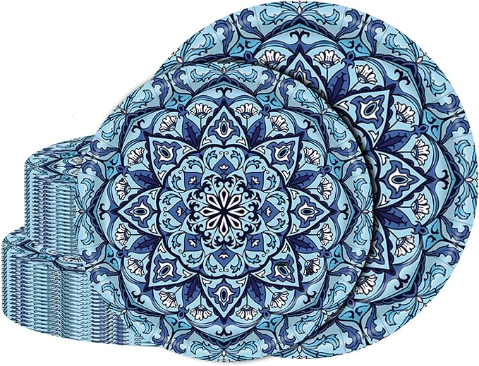 ZULYSTO 100 Pack Boho Paper Plates (50×7"+ 50×9") – Disposable Plates for Party, Vintage Bohemian Style Dessert Dinner Plates Plate Set for Daily Use, Holiday, Picnic (Blue)