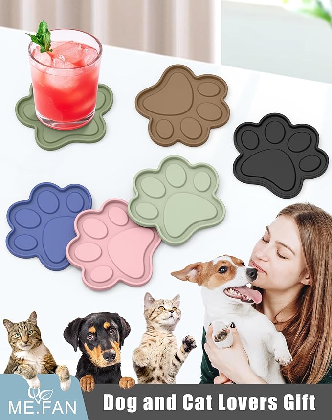 ME.FAN Silicone Coasters 6 Pack Paw Cup Mat with Holder, Dog Cat Paw Shape, for Hot or Cold Drink, Non-Slip, Non-Stick, Room Decor, Housewarming Coffee