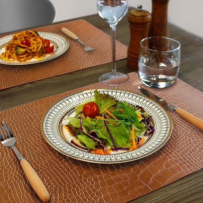 Jovono Faux Leather Placemats Set of 6, Waterproof Heat Resistant Dinner Place Mats for Dining Table, Non-Slip Crocodile Embossed, Brown (17.8x11.8 Inch)