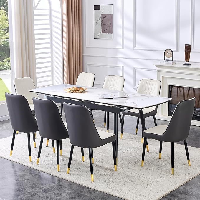 Extendable Dining Table Set for 8, 55'' to 78.8'' Rectangular Thickened Sintered Stone Kitchen Table with 8 Upholstered Chairs, Modern Space Saving 9-Piece Dinner Table Set