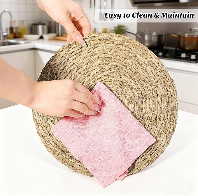 Elcoho 20 Pieces Round Woven Placemats 13.8 Inch Boho Rattan Placemats Farmhouse Braided Place Mats Woven Plate Chargers Rustic Wicker Table Mats for Dining Table