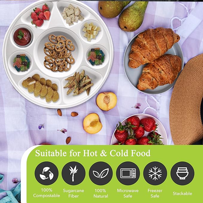 three leaf 9 Compartment Bagasse Round Plate, 25 Ct. Heavy-Duty- Super Strong- Natural- Eco-Friendly Disposable Bagasse Plates, 100% Biodegradable