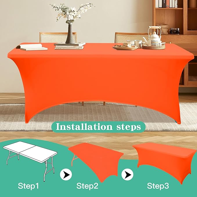 8FT Table Cloth for Rectangular Fitted Events Stretch Orange Table Covers Washable Spandex Tablecloth Protector for Party, Wedding, Cocktail, Banquet, Festival