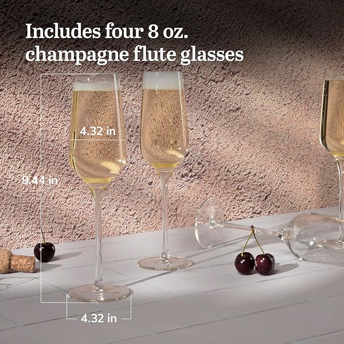 Libbey Signature Champagne Flute Glasses Set, Stylish, Dishwasher Safe Champagne Glasses Set of 4, Champagne Gift Set for Weddings and Events