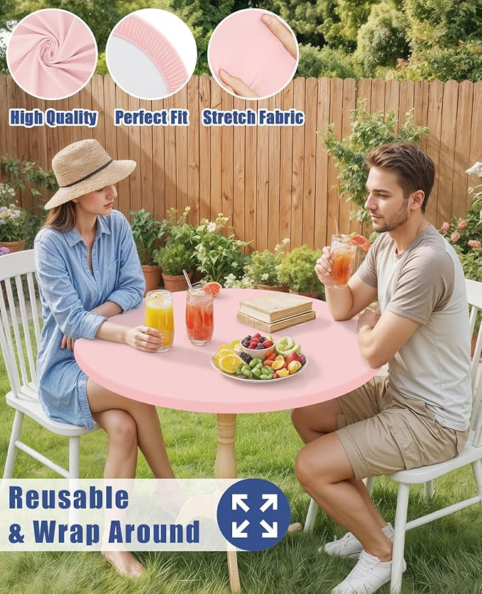 Round Spandex Valentines Day Tablecloth, Elastic Fitted Waterproof Tablecloths for 42"-50" Tables, Stretch Washable Picnic Table Cover for Camping, Dining, Indoor and Outdoor, Pink