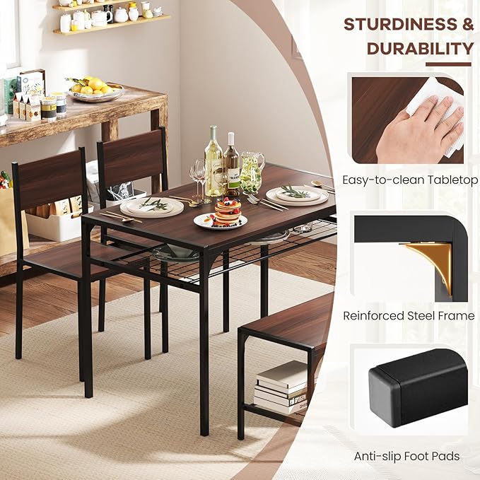 NAFORT 4-Piece Dining Table Set for 4, Industrial Kitchen Table with 2 Chairs & Bench, Rustic Wood Dining Set with Metal Frame & Storage Shelves, Space-Saving Dining Furniture for Apartment