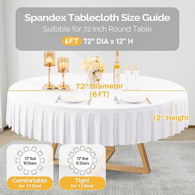 1 Pack White Spandex Round Tablecloths for 72in Tables, Stretchy Fitted 6FT Round Table Cloths, Wrinkle Free Table Cloth with Skirt for Wedding Birthday Party Bridal Shower Banquet Baby Shower