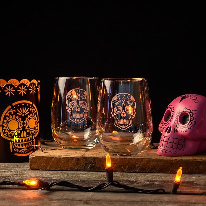 Rolf Glass Sugar Skull Stemless Wine Tumbler 17 ounce - Stemless Wine Glasses - Lead-Free Glass - Etched Tumbler Glasses - Proudly Made in the USA (Set of 2)