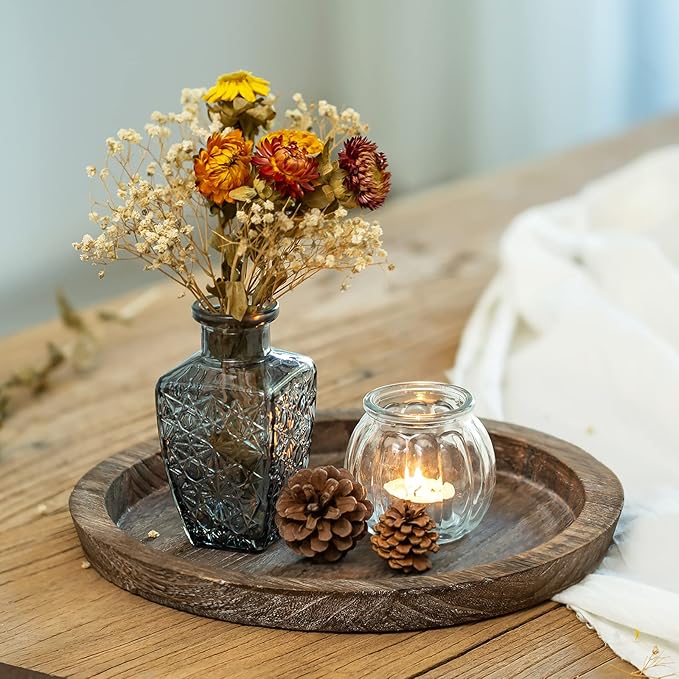 Romadedi Rustic Wooden Tray Candle Holder - Small Decorative Plate Pillar Candle Tray Wood for Farmhouse Dinning Table Kitchen Countertop Coffee Table Organizer Home Decor Wedding Centerpiece, S+L