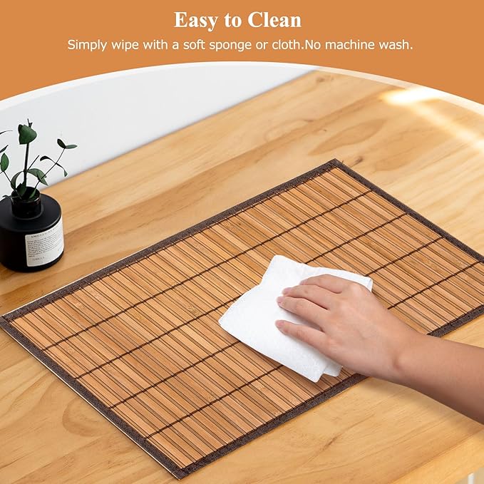 Bamboo Placemats with Fabric Border Set of 4 Natural Bamboo Rectangular Rolling Table Mats for Dining Kitchen Table Heat Resistant Table Protection Brown