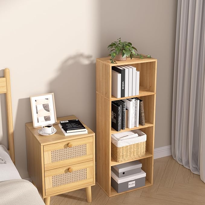 Wooden 4 Cube Storage Organizer, 4 Tier Tall Modern Bookshelf Freestanding Storage Display Organizer, Versatile Cubes Shelf and Cubby Unit for Living Room, Bedroom, Home Office 15.7inch