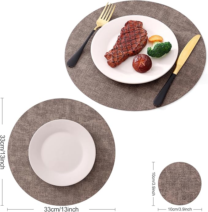 Homaxy Round Faux Leather Placemats and Coasters, Washable Dual-Side Table Mats, Wipeable Heat-Resistant Dining Place Mats for Outdoor and Indoor, Set of 6, Diameter 13 and 3.93 inch, Dark Brown