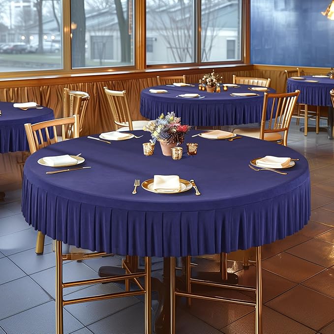2 Pack Navy Blue Spandex Round Tablecloths for 60 Inch Tables, Stretchy Fitted 5FT Cloths, Wrinkle-Free Cover With Skirt for Wedding, Party, Dining, Banquet