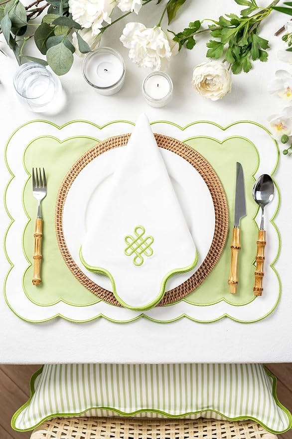 Hofdeco Premium Coastal Patio Indoor Outdoor Placemat Set of 4, 14"x19" Double-Layered, Waterproof Cloth Placemat for Kitchen or Dining Table. Green Embroidered Solid B