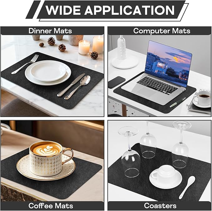 Faux Leather Placemats Set of 6, Washable Place Mats, Wipeable Waterproof Oil-Proof Heat Resistant Table Mats, Non-Slip Vinyl Placemats Rectangular Place Mat for Table Indoor Outdoor (Black)