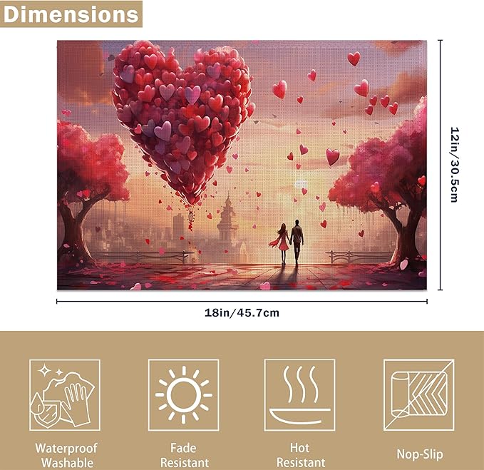 Valentines Day Placemats Set of 6, Valentines Love Heart Heat Resistant Washable Table Placemats for Christmas, Thanksgiving, Party, and Daily Dining