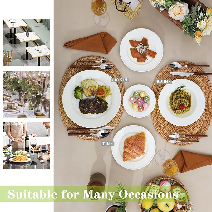 TAMAYKIM 10.5 Inch Porcelain Salad Dinner Plates 8 Pieces, Wide Rim Round Pasta Plates, Large Serving Dinnerware Sets, Scratch Resistant, Microwave, Oven, and Dishwasher Safe, White