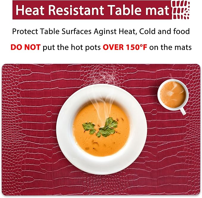Jovono Faux Leather Placemats Set of 8, Waterproof Heat Resistant Dinner Place Mats for Dining Table, Non-Slip Crocodile Embossed, Red (17.8x11.8 Inch)