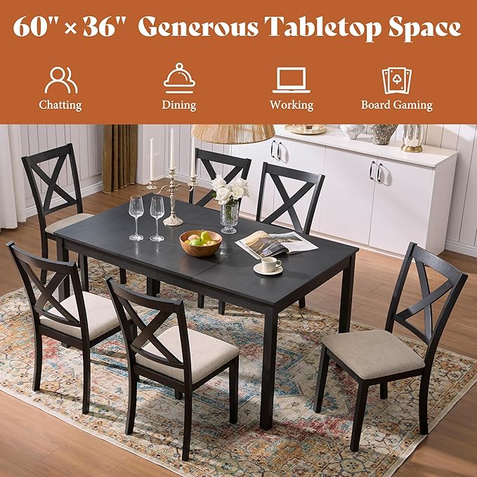 AMERLIFE 7-Piece Farmhouse Dining Table Set with 6 Upholstered Chairs, 60" Space-Saving Dining Table & Chair Set for Dining Room, Kitchen, Small Apartment, Restaurant, Grey