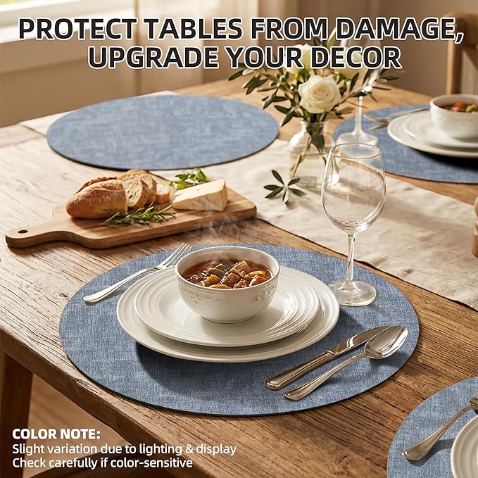 15 inch Faux Leather Round Placemats Set of 4 Non-Slip Washable Wipeable Table Mats, Heat Resistant Waterproof Oilproof Place Mats for Kitchen, Dining, Party, Indoor, Outdoor Blue