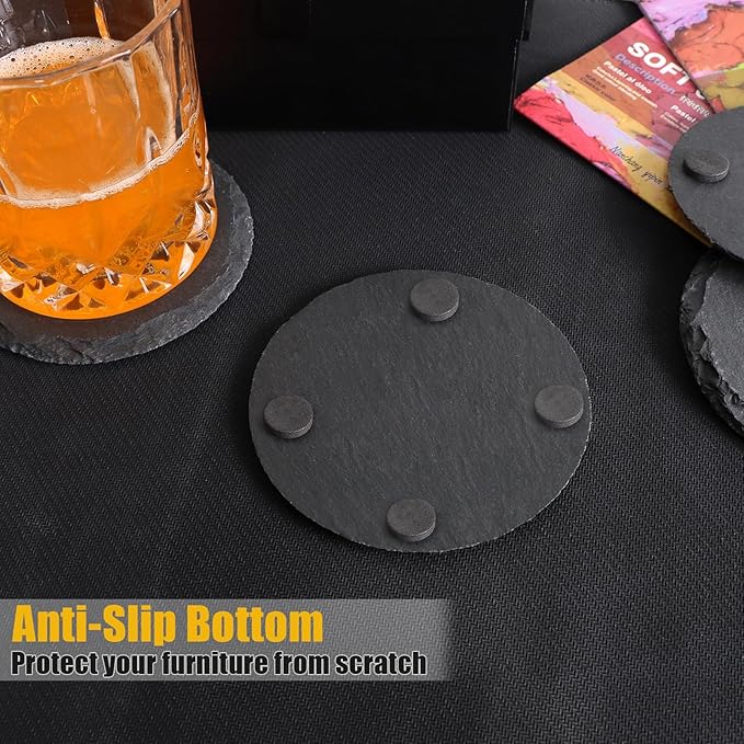 60 Pack Slate Drink Coasters, VIBRATITE 4 Inch Black Slate Stone Coasters Bulk Cup Coaster Laser Engraving Blanks with Anti-Scratch Bottom for Drink Coffee Bar Kitchen Home Decor, Round