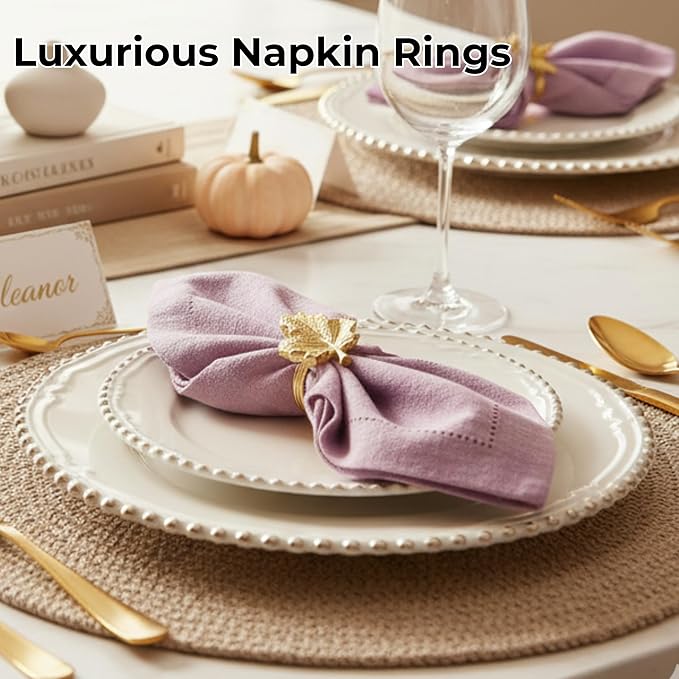 CLEENTABLE Maple Leaf Napkin Rings Set of 12 - Handcrafted Aluminum Napkin Holders for Cloth & Paper Napkins, Elegant Table Décor for Weddings, Thanksgiving, Christmas & Holiday Parties (Gold)